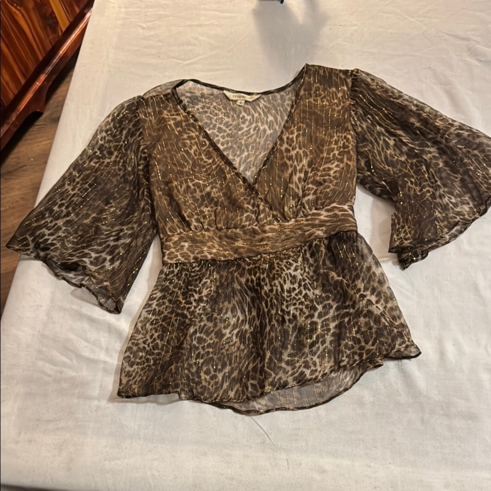 Liquido Brown Tan Bell Sleeve Peplum Blouse